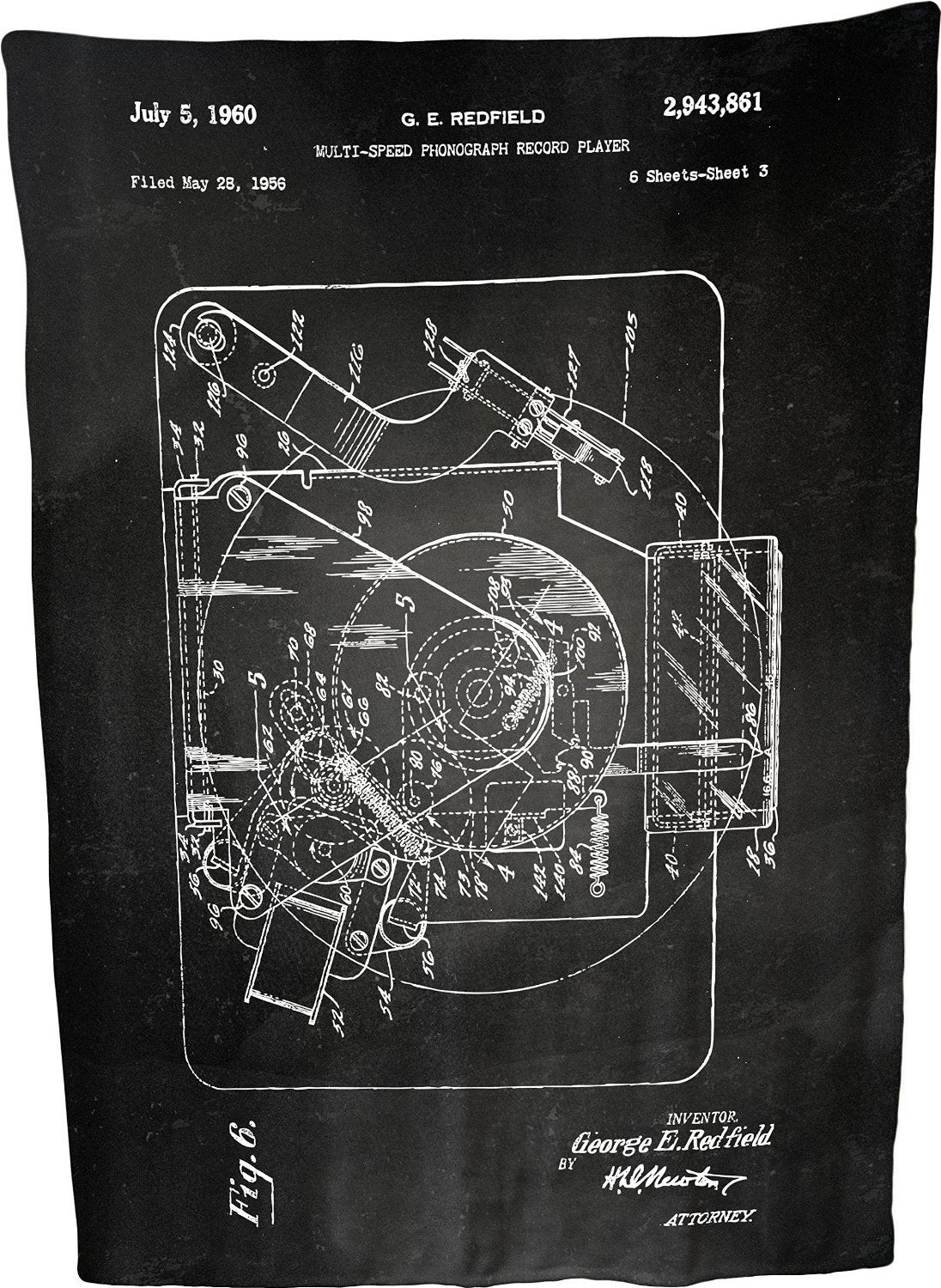 Multi-speed Phonograph Record Player Patent Illustration by George E Redfield Coral Plush Throw Blanket / Tapestry Wall Hanging 60" x 80"