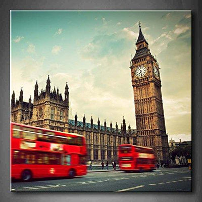 Red Red Bus In Motion And Big Ben The Palace Of Westminster 24" x 24" x 1.5"