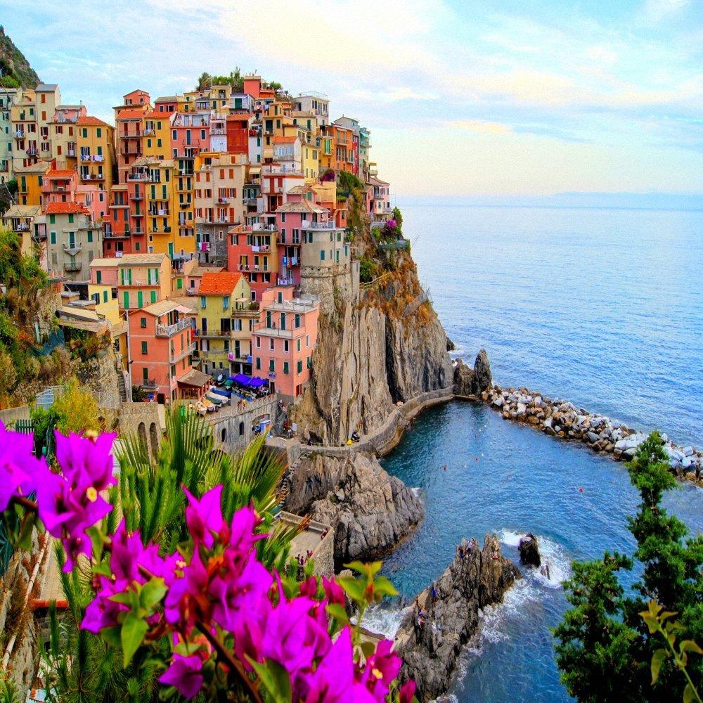 Village Of Manarola, Cinque Terre, Italy. With Flowers. 24" x 24" Gallery Wrapped Canvas Print