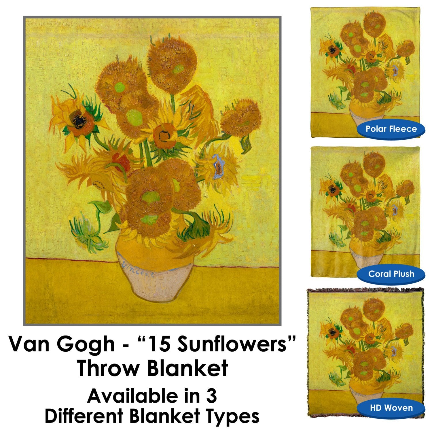 Van Gogh 15 Sunflowers Throw Blanket Tapestry Wall Hanging