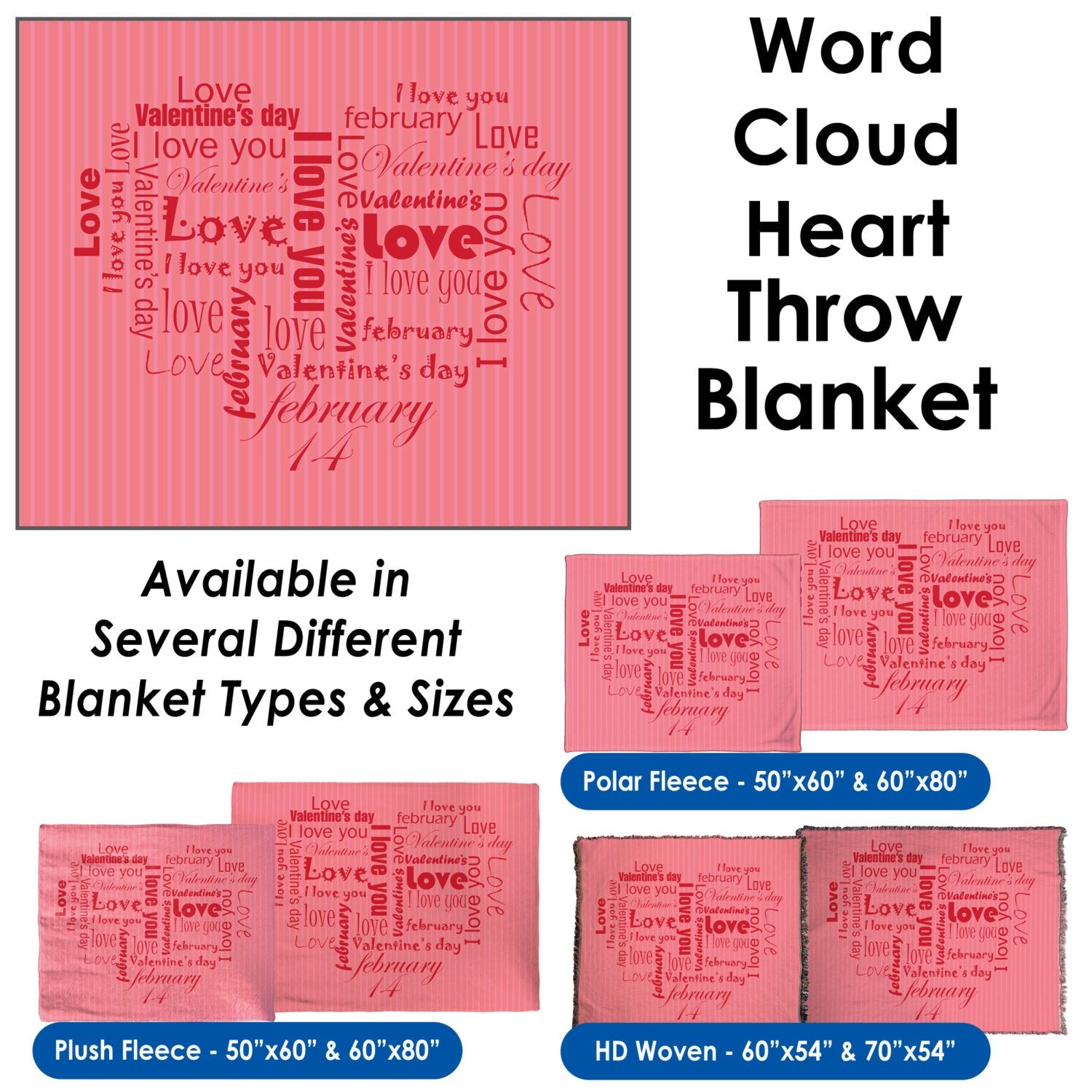 Valentine&#39;s Day - Word Cloud Heart Throw Blanket / Tapestry Wall Hanging